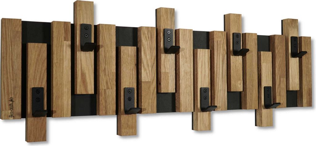 Kleiderhaken wand Wandgarderobe Garderobe Holz Eiche design Lamellen paneele Schwarz modern natur 3 Dimensionen (80cm)