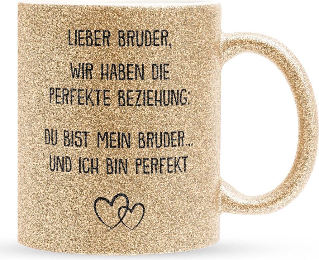 22Feels Glitzertasse Gold Bruder Geschenk Geburtstag Weihnachten Geschwister Jungs Männer Haferl Teenager Bruderherz Geschenkidee Bürotasse