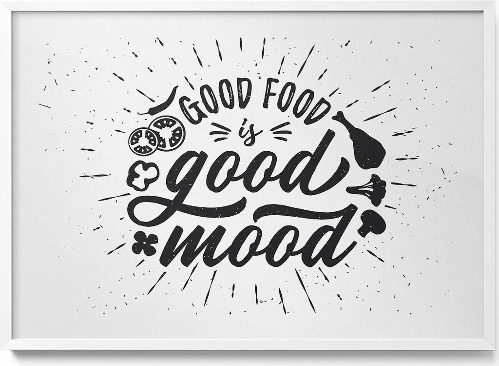 Gutes Essen macht gute Laune - Bildunterschrift für die Küche– Wandbild mit Rahmen – Gerahmtes Bild – Wanddekoration – 100x70 cm – We...