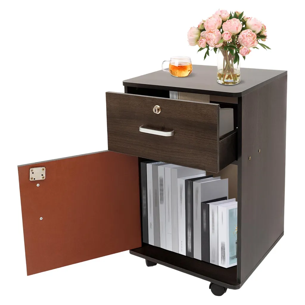 Table de nuit anti-désordre avec serrure et roulettes en bois densifié