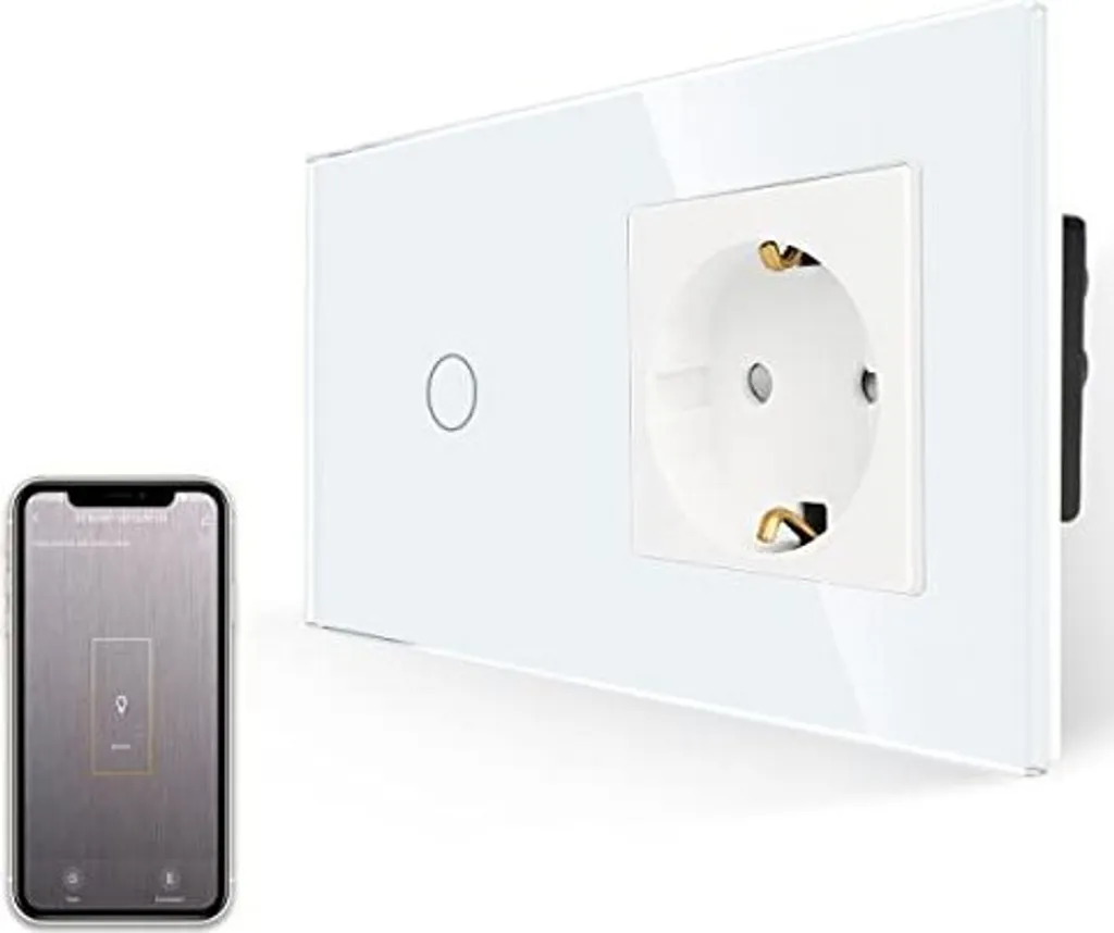 Jimedia Smart Light Switch Presa di corrente da incasso, WiFi touch compatibile con Alexa Google Home, controllo tramite app, Schuko normale in vetro bianco, LED di stato, 1