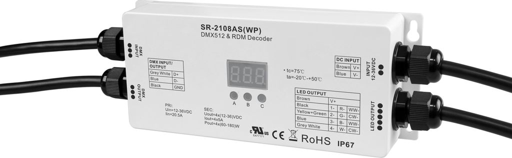 SR-2108AS(WP) DMX512 LED Controller – 4-Kanal, 5A/Kanal, 12–36 V, IP67 wasserdicht, RDM, PWM einstellbar