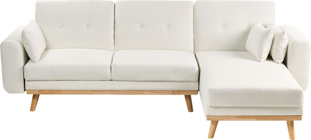 BELIANI Ecksofa Weiß Stoff L-förmig 3-Sitzer Sofa Linksseitig mit Schlaffunktion Kissen Hohen Holzbeinen Wohnzimmermöbel Modern Wohnecke Sitzecke