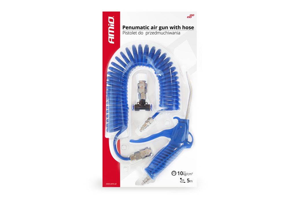 A pneumatic air gun with a coiled hose and connectors, packaged for retail.
