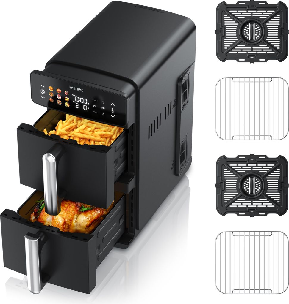 Arendo Heißluftfritteuse Doppelkammer, Heissluftfritteuse 2 Kammern übereinander, XXL Airfryer 11L, Dual Zone, 2400 W, mit Zubehör, Umluft Backo...