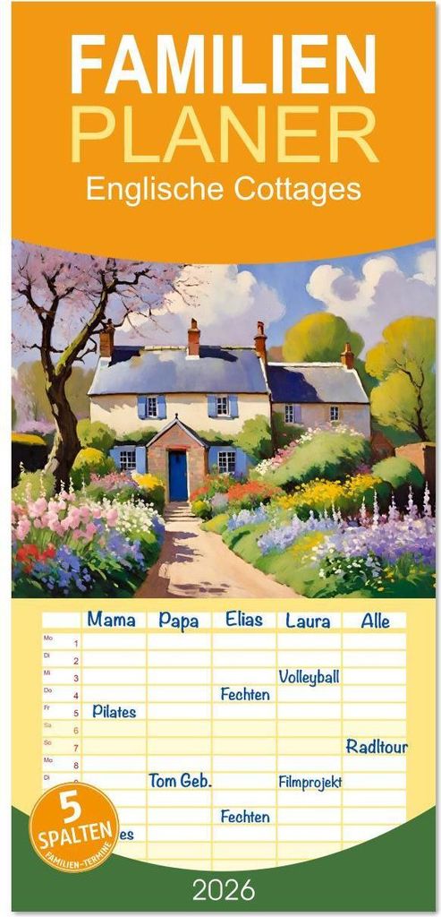 Familienplaner 2026 - Englische Cottages mit 5 Spalten (Wandkalender, 21 x 45 cm) CALVENDO