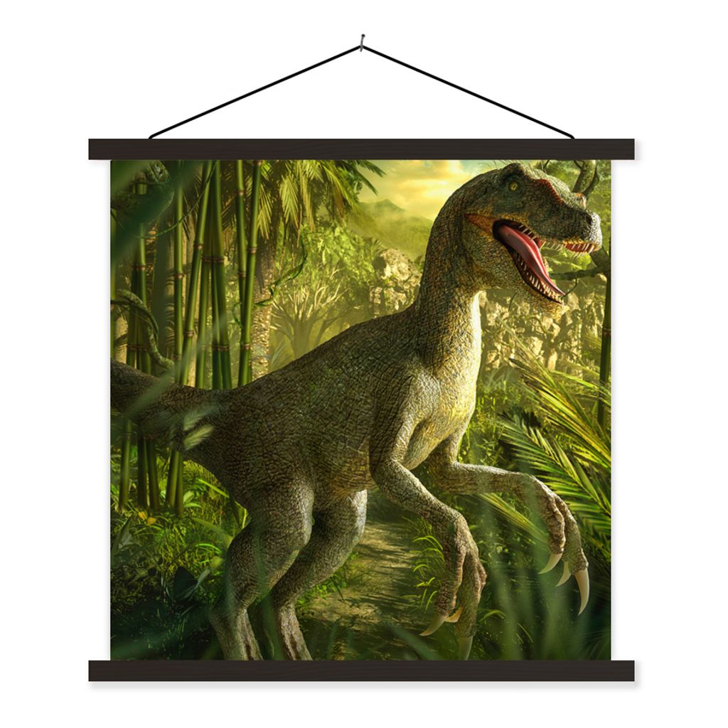 MuchoWow Textilposter Dinosaurier - Pflanzen - Grün - Illustration - Kinder - Jungen 40x40 cm mit schwarzem Rahmen - Fotos