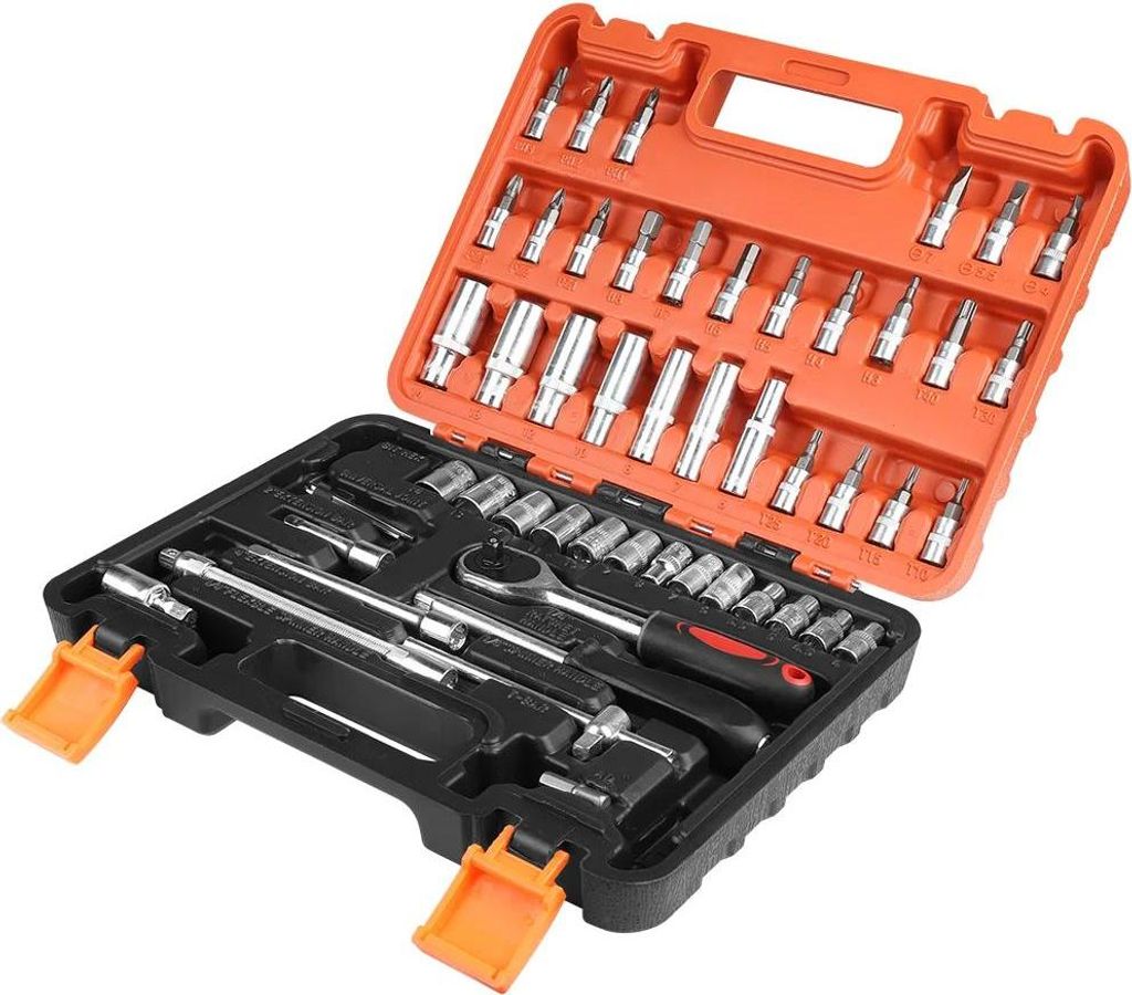 Steckschlüsselsatz mit Ratsche - Kfz-Reparaturwerkzeug - 53-teilig - Kohlenstoffstahl - Aufbewahrungskoffer - 25×20×5,5 cm - Orange-Rot