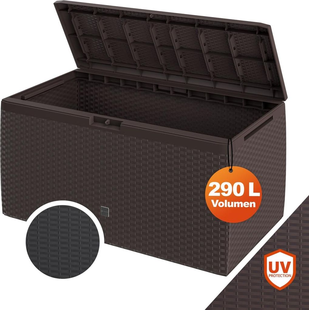 A brown plastic storage box with its lid open, shown from a slightly elevated angle.