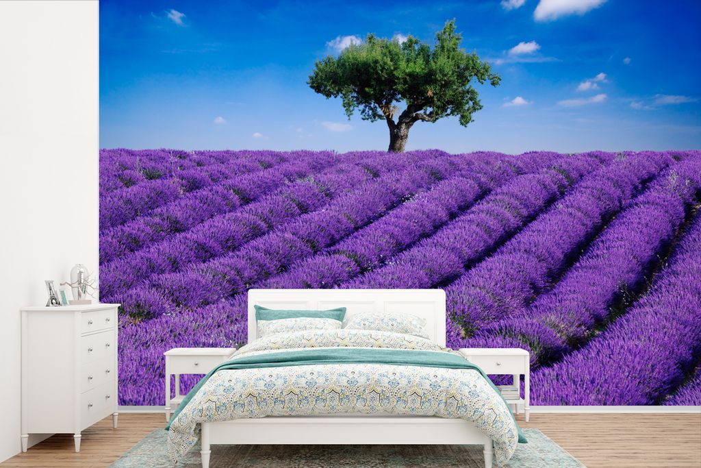 MuchoWow Fototapete für Wohnzimmer oder Schlafzimmer Wandtapete Vinyl Motivtapete Eine Nahaufnahme eines Lavendelfeldes - 360x240 cm - Vinyl-Tapete