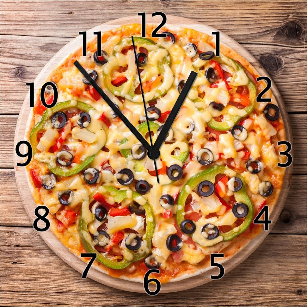 Wallario Design Wanduhr Italienische Pizza mit Peperoni, Oliven. Paprika und Käse aus Echtglas, Größe 30 x 30 cm