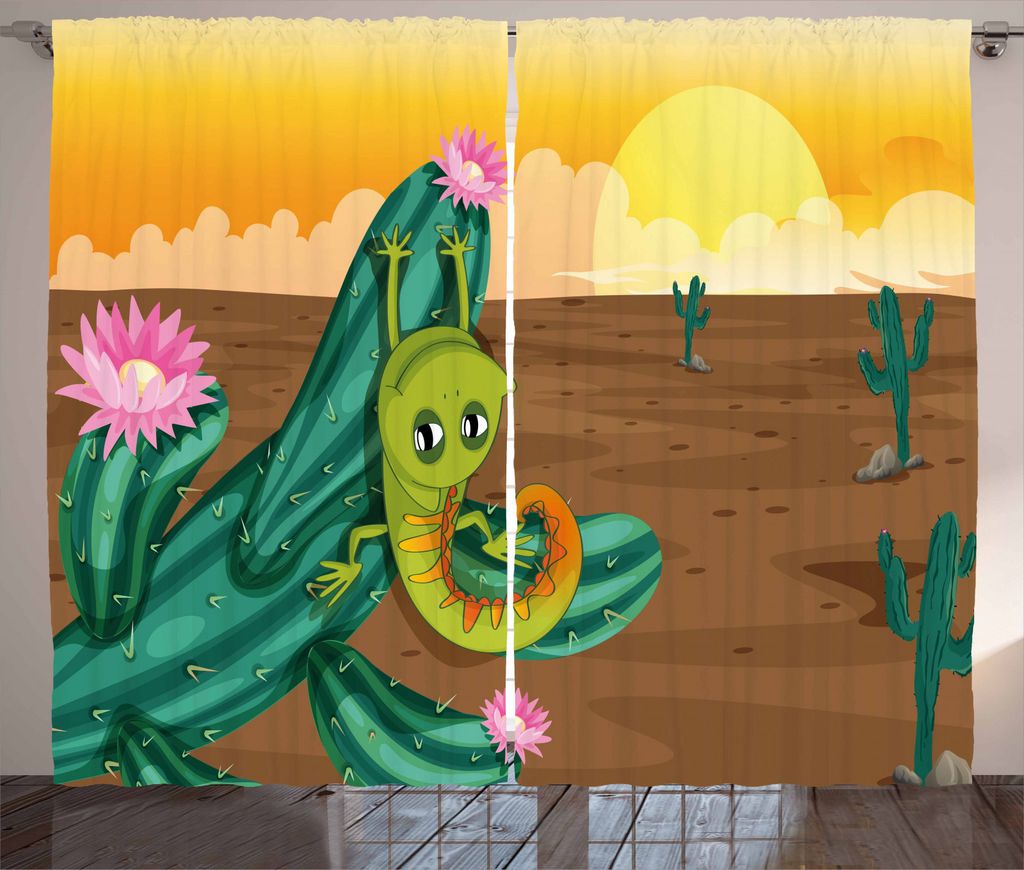 ABAKUHAUS Kaktus Rustikaler Gardine, Cartoon Wüsten-Landschaft, Schlafzimmer Kräuselband Vorhang mit Schlaufen und Haken, 280 x 245 cm, Mehrfarbig