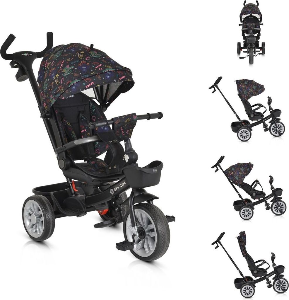 Byox Tricycle Space 3 in 1 Dreirad Getränkehalter, Korb, Schiebegriff, EVA-Räder bunt