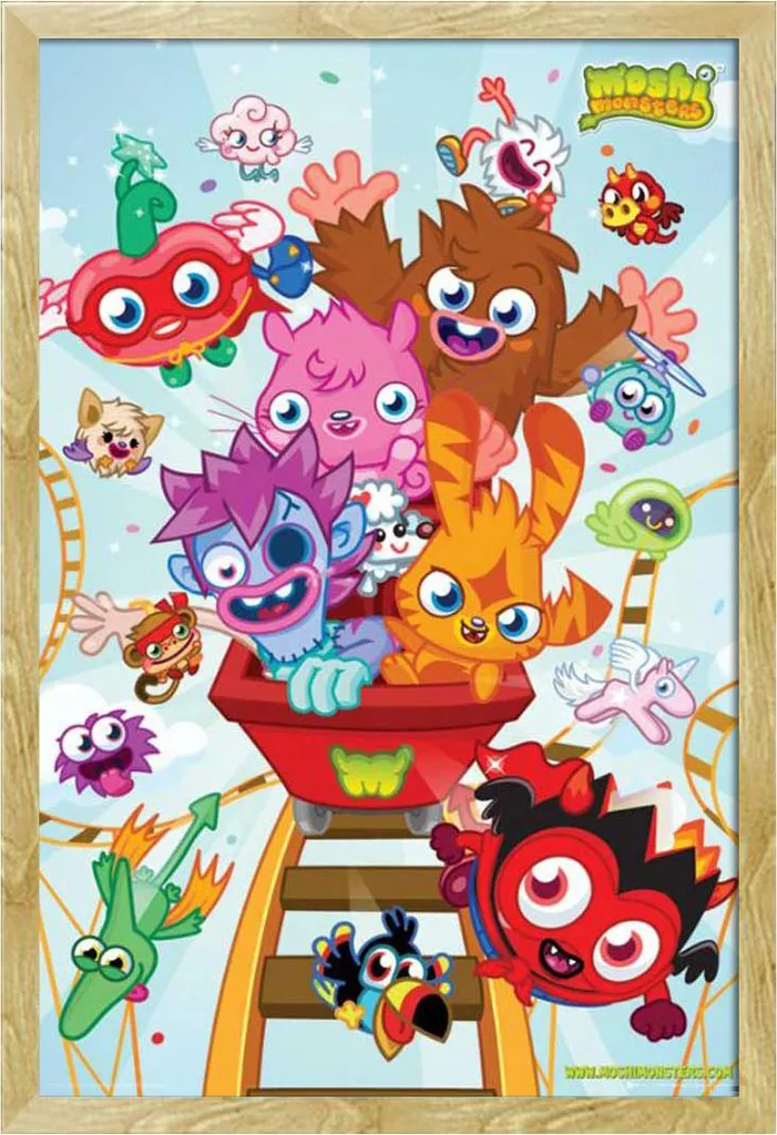 Poster Moshi Monsters Montagnes Russes avec Cadre Shinsuke Maxi en MDF