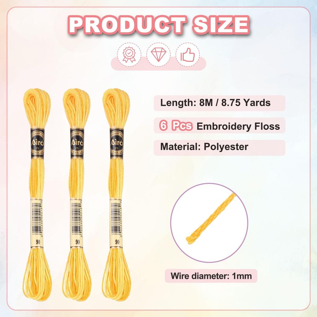 6 Stš¹ck Stickgarn, je 8m, 6f?dig, Polyester Stickf?den Armbandf?den fš¹r Kreuzstich, Handstickerei, DIY-Handwerksprojekte, Gelb