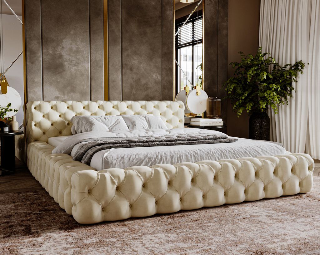 A luxurious bedroom with a tufted bed as the centerpiece.