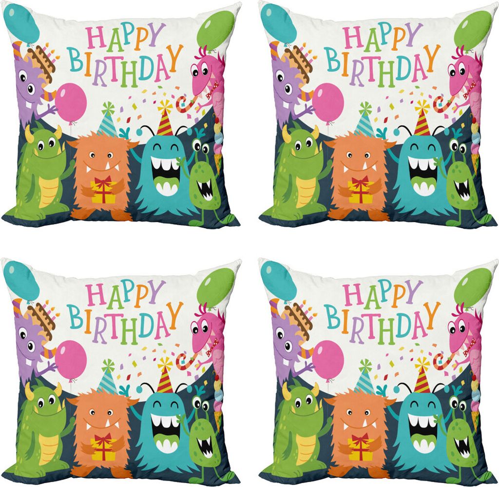 ABAKUHAUS Geburtstagsfeier Kissenbezug Set (4 Stück), Monster-Geburtstag, Moderner Doppelseitiger Digitaldruck, 50 cm x 50 cm, Mehrfarbig