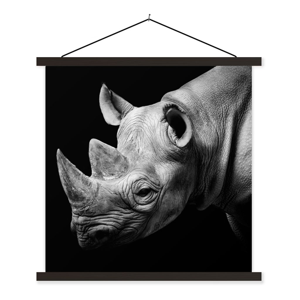 MuchoWow Textilposter Tiere - Nashorn - Schwarz - Weiß - Porträt 120x120 cm mit schwarzem Rahmen - Aufhängungsset