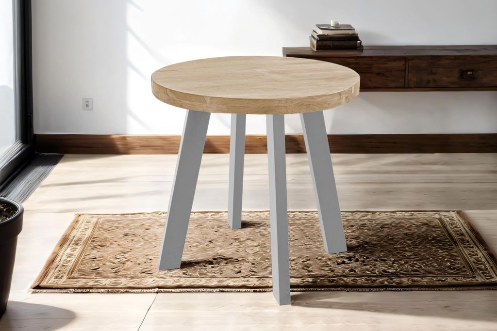 Runder Esszimmertisch 90 cm Sophia, Akazienholz massiv, Esstisch naturfarben, 4-Fuß-Gestell aus Metall Silber, Holztisch im Industrial-Stil, aufge...