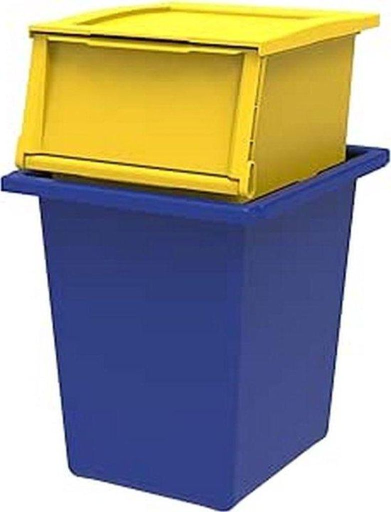 Gebrukte 2-Vasen-Sammelbehälter-Set aus schlagfestem Kunststoff, 25 Liter, 30 Liter, gelb-blau.