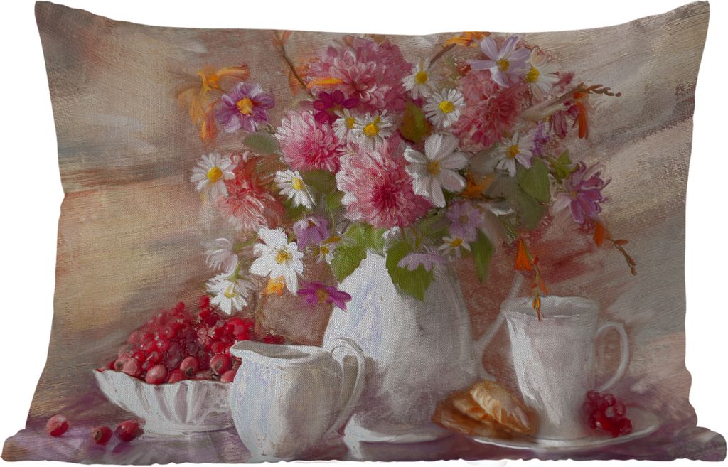 MuchoWow Outdoor Kissen - Gemälde - Blumen - Vase - Ölfarbe - 50x30 cm - Wetterfest - Lounge Kissen - Sofa kissen - Wohnzimmer Dekoration