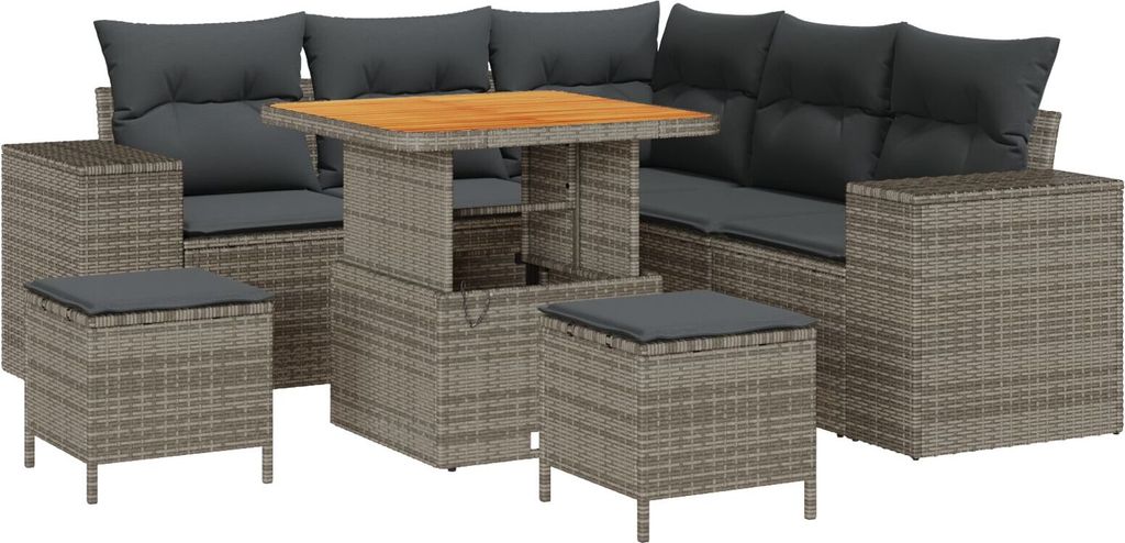 Möbel 8-teiliges Garten Sofa Set mit Kissen Grau Poly Rattan Akazie, 3-teiliges Garten Esstisch Set mit Kissen Grau Poly Rattan Akazie - Gartensof...