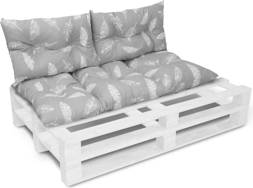 A set of cushions for a pallet sofa, shown on a white wooden pallet base.