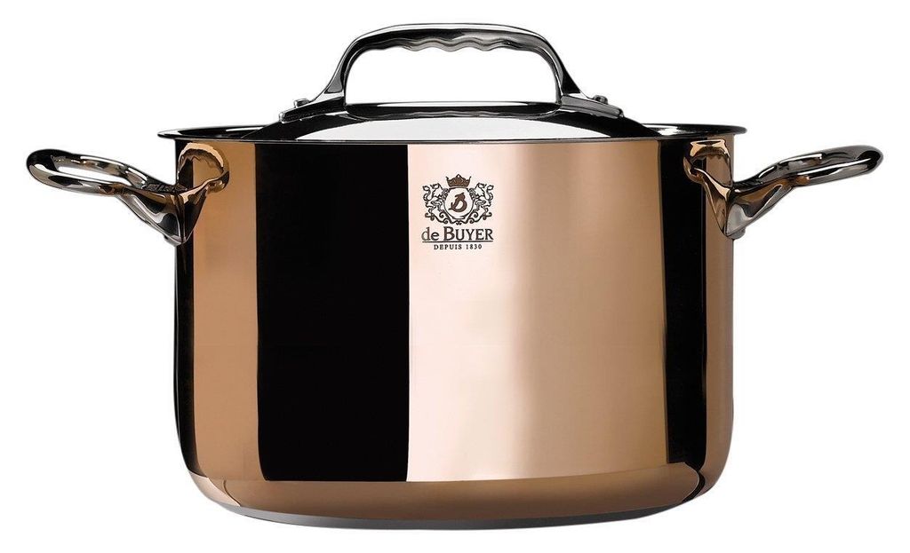 A copper pot with a silver lid and handles, shown against a white background.