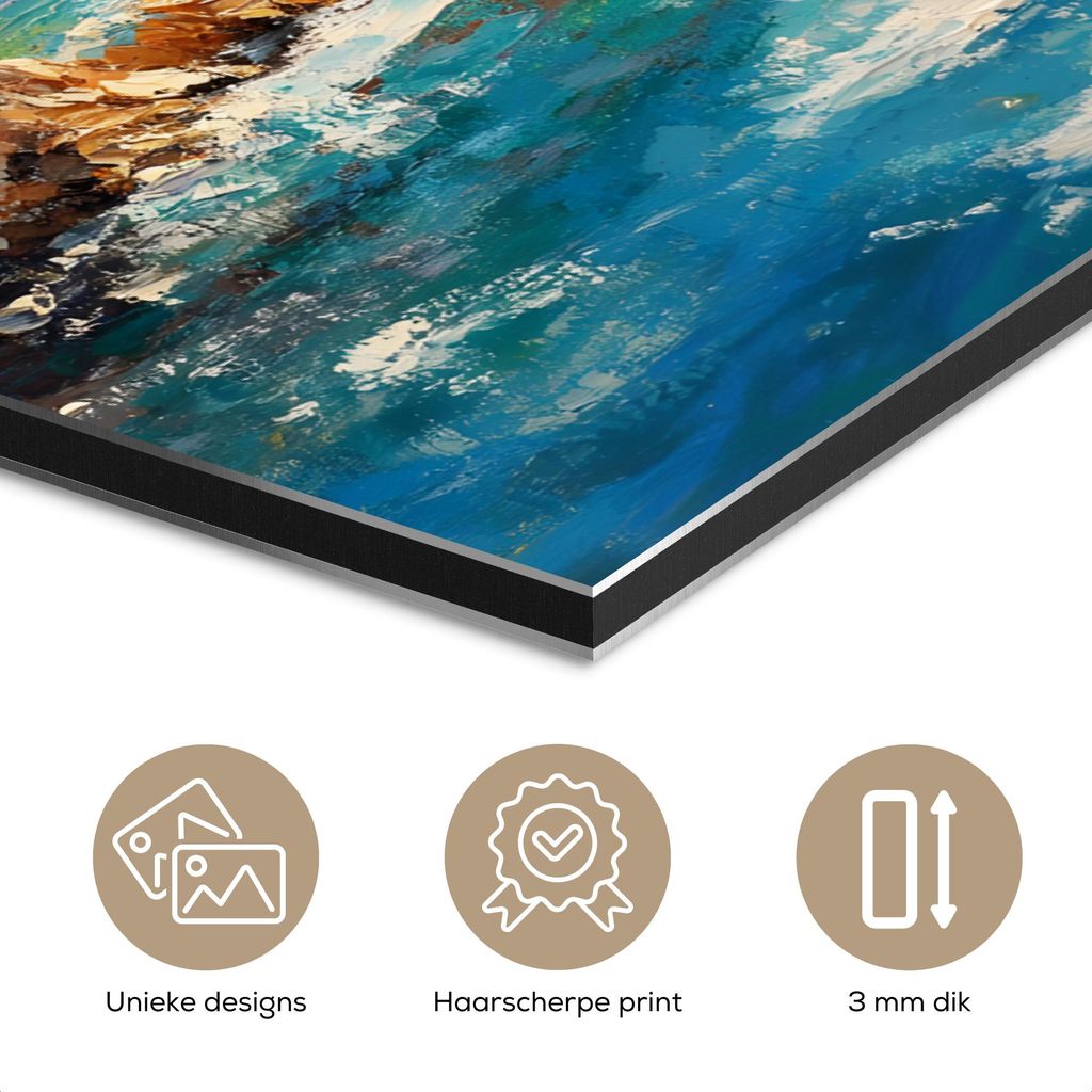 MuchoWow Wanddekoration Metall Metallbild Wandkunst 80x120 cm Segelboot - Felsen - Küste - Häuser MuchoWow Aluminium Gemälde - Bilder
