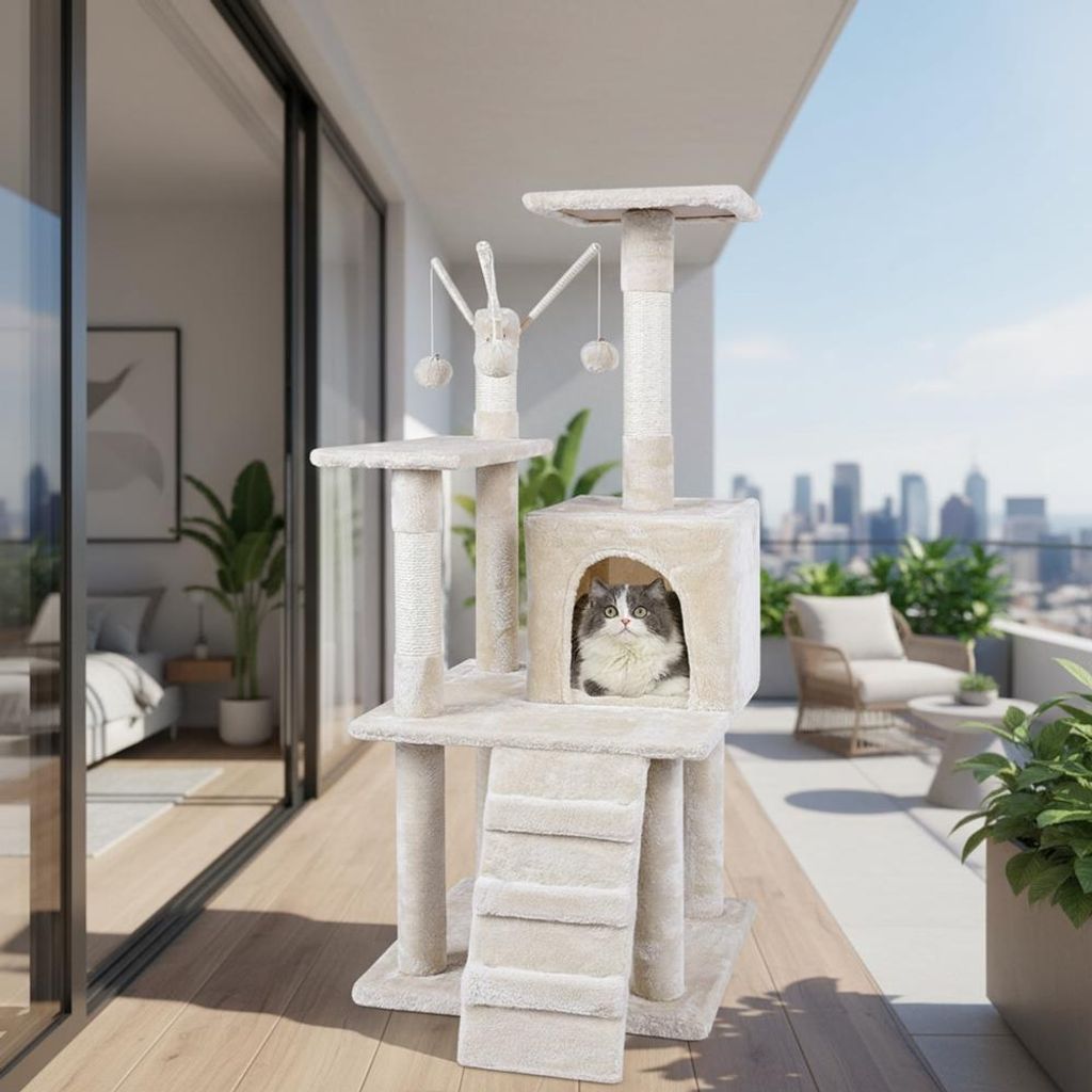 Kratzbaum 121 cm beige mit Höhle, Leiter & Sisalstämmen, stabile Basis