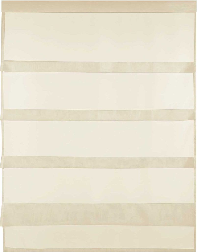 A close-up view of a beige curtain with horizontal bands.