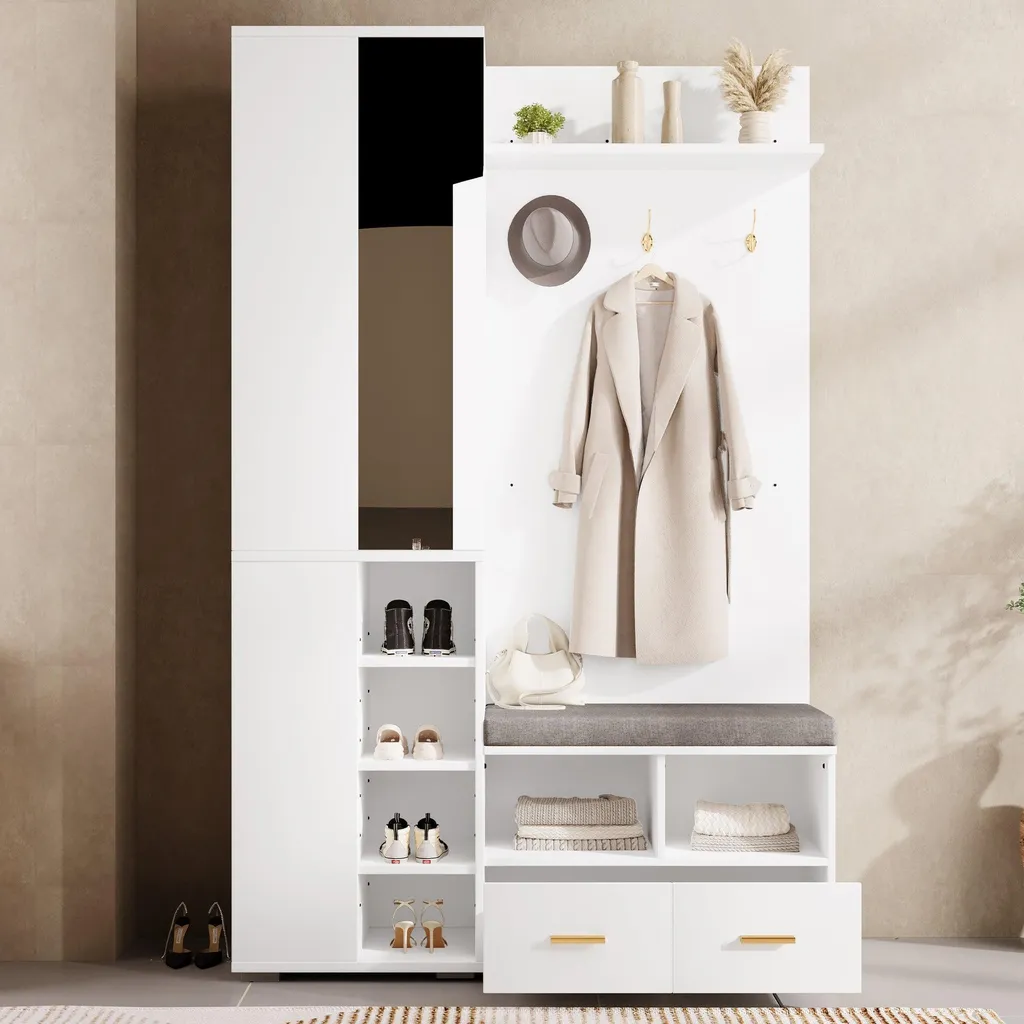 Optimiser l'entrée : Vestiaire blanc 120x35cm avec banc et miroir mural