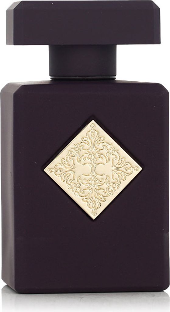 A dark purple perfume bottle with a gold emblem on a white background.