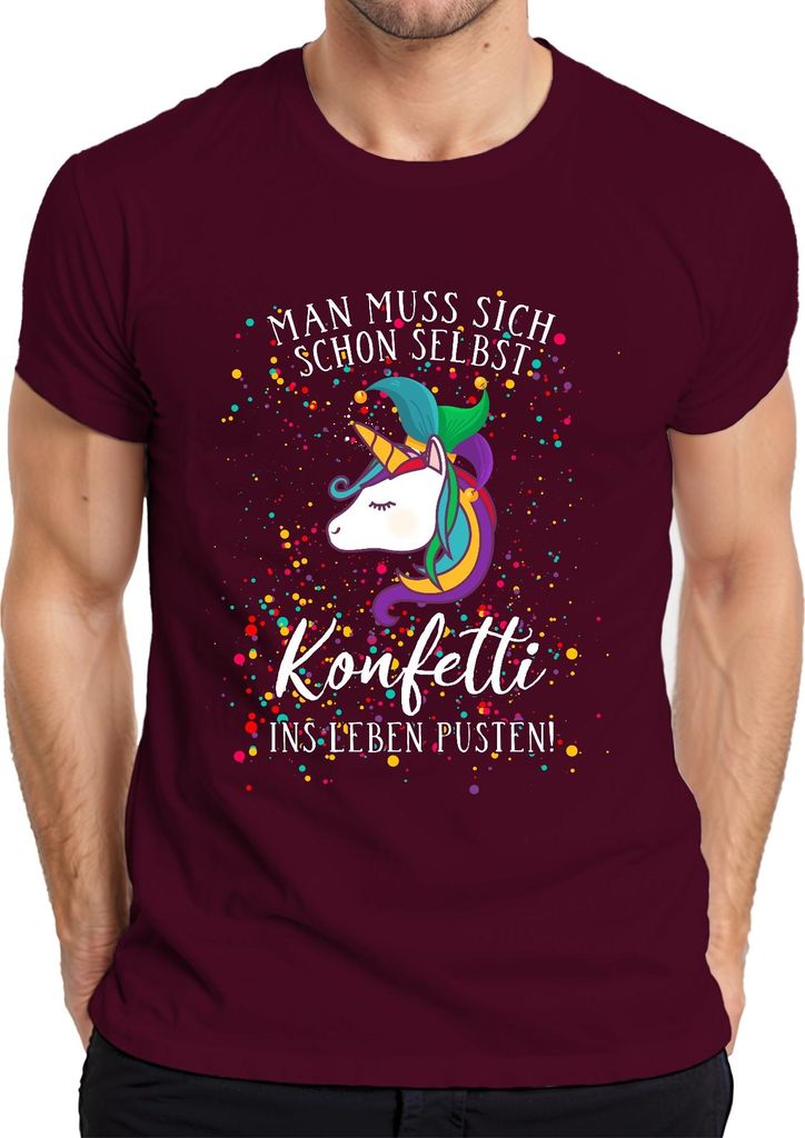 Man muss sich schon selbst Konfetti ins Leben pusten Einhorn Herren T-Shirt, Burgundy, XL