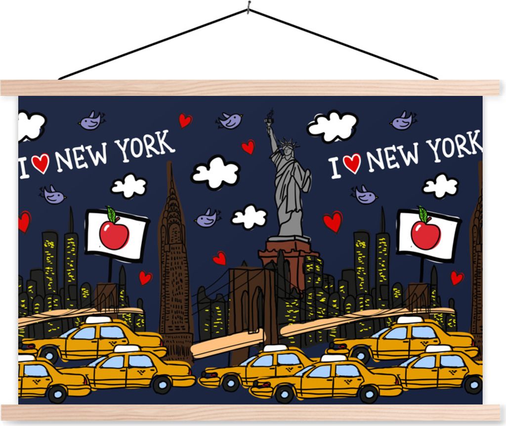 MuchoWow Textilposter New York - Taxi - Freiheitsstatue 60x40 cm mit holzfarbenen Rahmen - Bilder