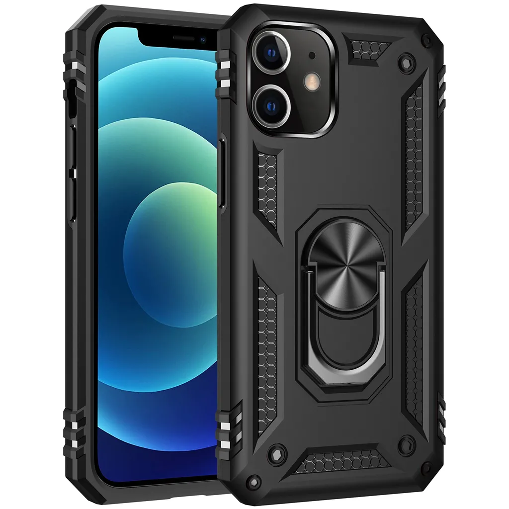 Custodia protettiva per iPhone 12 Mini, custodia robusta a due strati, testata in ambito militare, con supporto ad anello per iPhone 12 Mini nero