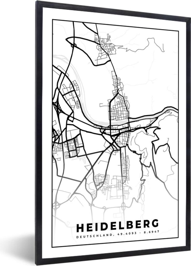MuchoWow Gerahmtes Poster Heidelberg - Karte - Stadtplan 20x30 cm - Poster mit Schwarzem Bilderrahmen Wandposter Rahmen Foto Bilder - Drucken - B...