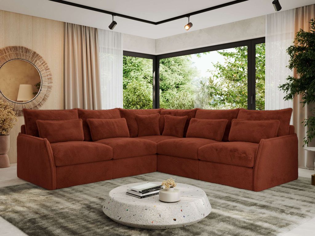 MKS MEBLE Modulares L-förmiges Ecksofa VERSO, Ecksofa für Wohnzimmer, Ecksofa mit losen Kissen, couchgarnitur mit armlehnen - Orange Plüsch
