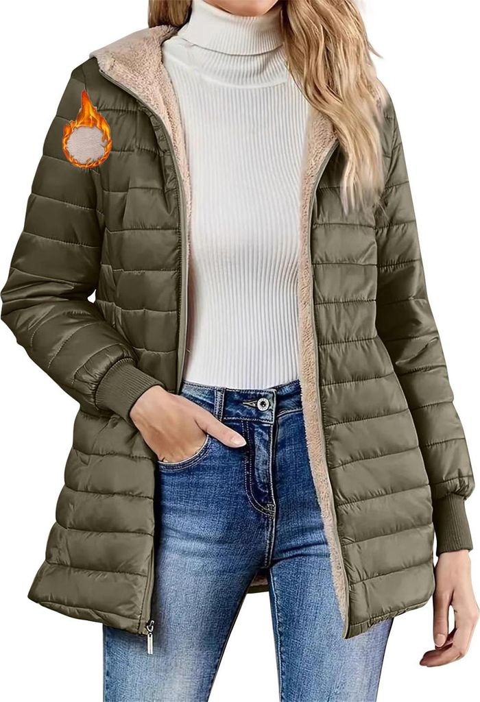 ASKSA Damen Winterjacke Warm Gefuettert Steppjacke Winter Leicht Jacke Teddyfleece Wintermantel Mit Kapuze (Armeegruen,XL)