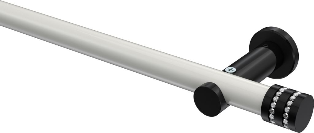 Interdeco Gardinenstange / Vorhangstange Weiß / Schwarz, Typ Platon Estana (Glitzerkappe) ohne Ringe, 20 mm Ø 1-läufig, 120 cm