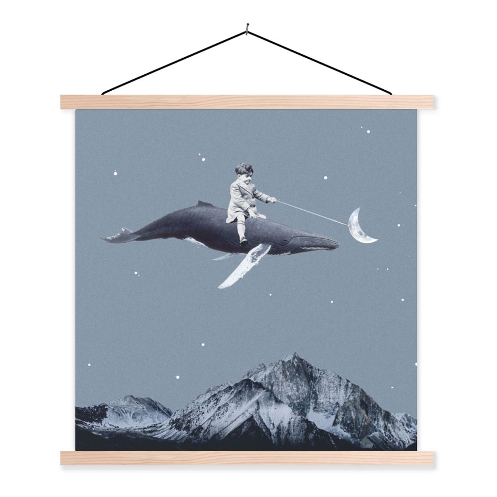 MuchoWow Textilposter Weltraum - Junge - Mond - Wal 120x120 cm mit holzfarbenen Rahmen - Textil-Poster