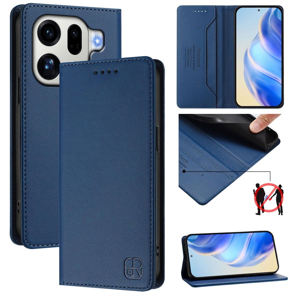 Lederhülle für Oppo Find X9 Pro Hülle Flip Brieftasche Kartenfächern Ständer Schutzhülle Blau
