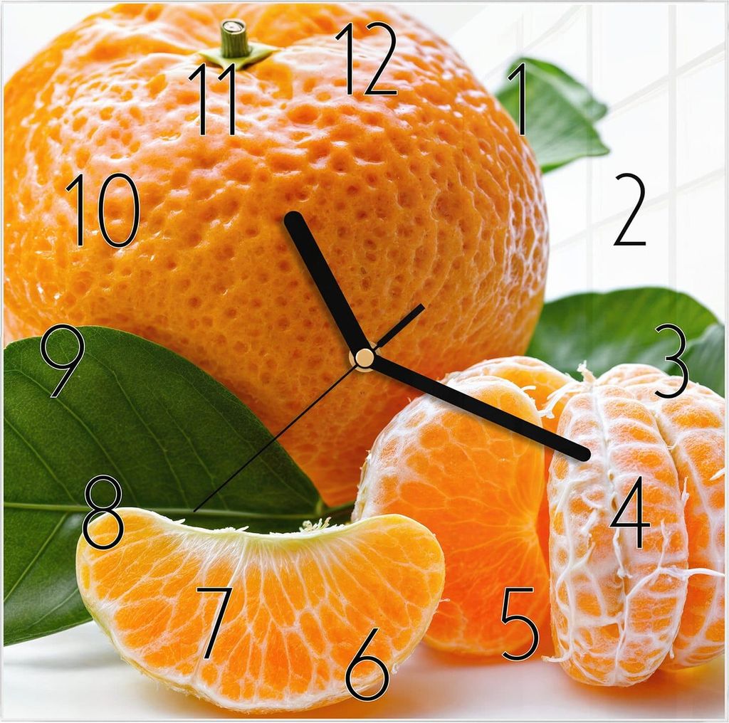 Wanduhr aus Glas mit Motiv Frische Mandarine- 30 x 30 cm - inkl. Aufhängesystem