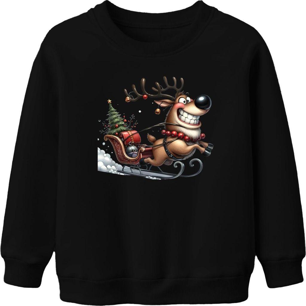 Lustiges Rentier Schlitten Weihnachten Geschenk Retro Uni Kinder Sweatshirt Pullover, Schwarz, 104