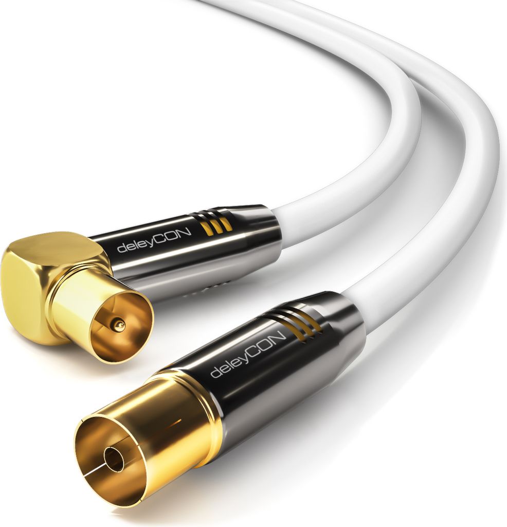 deleyCON 3,0m TV Antennenkabel Koaxialkabel - 1x TV-Stecker 90° Gewinkelt zu TV-Buchse Gerade - TV HDTV Radio DVB-T2 Full HD Metallstecker - Weiß