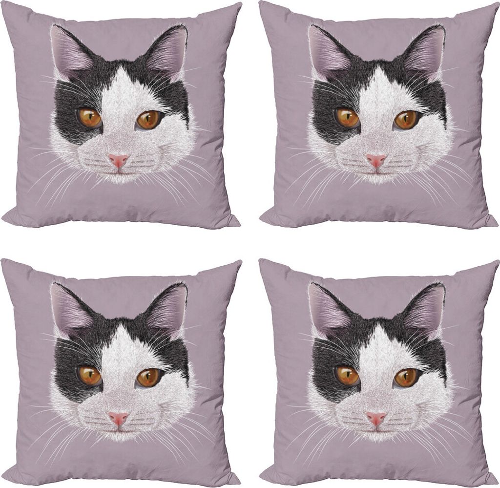 ABAKUHAUS Tier Kissenbezug Set (4 Stück), Haustier-Katze Kitty Portrait, Moderner Doppelseitiger Digitaldruck, 40 cm x 40 cm, Lila Schwarz Weiß