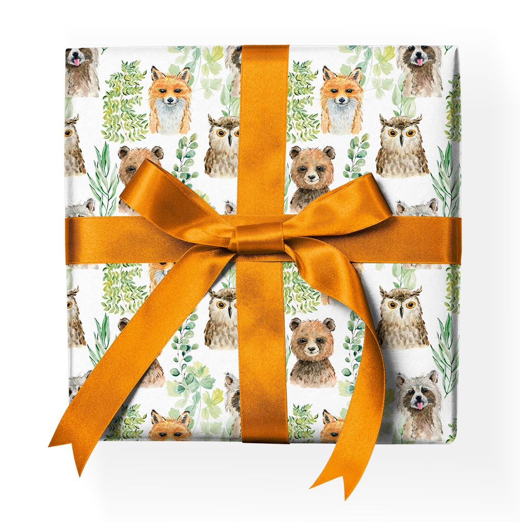 Niedliches Kinder Geschenkpapier mit frechem Waschbär Fuchs Wald-Tieren, grün - G23056, 32 x 48cm