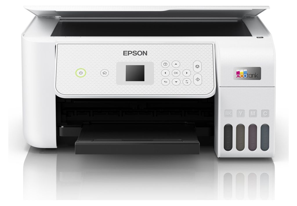 A white Epson EcoTank ET-2876 printer is shown from the front, with its lid open.