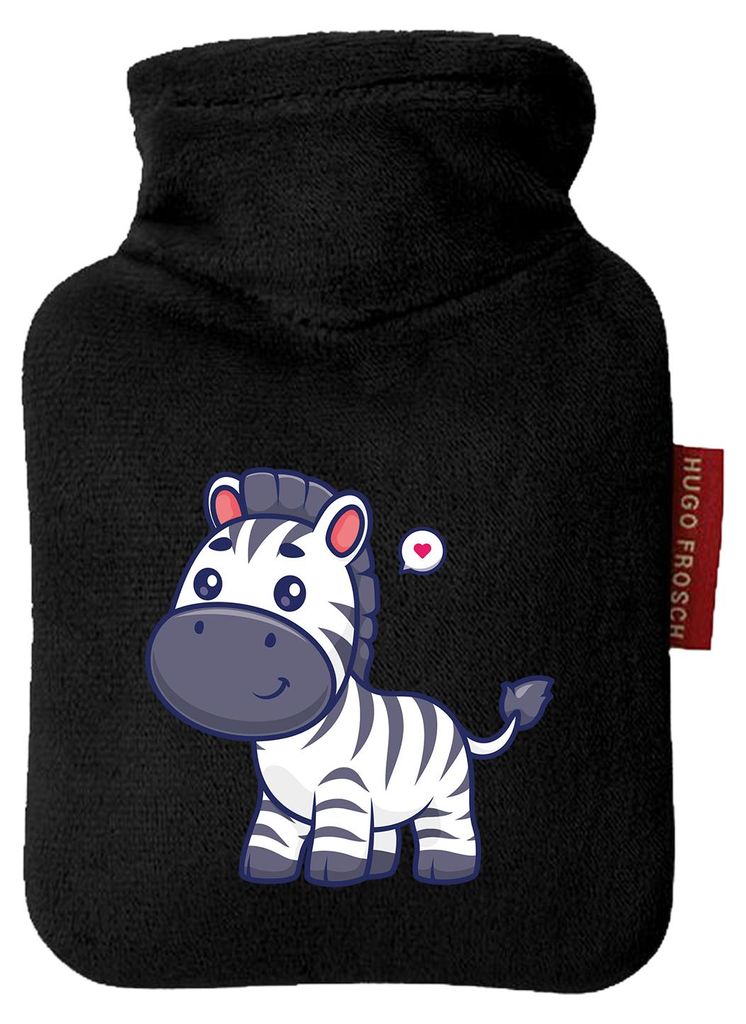 Huuraa Mini-Wärmflasche Zebra Comic 0,2 Liter Black Mini Veloursbezug Taschenwärmer Geschenkidee
