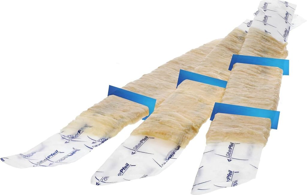Three sausage casings are arranged diagonally on a white background.